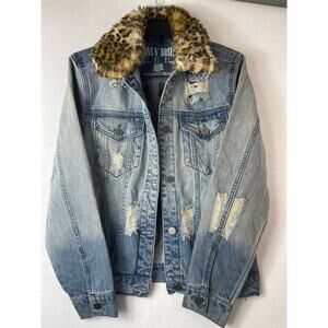 Guns N Roses Band Distressed Denim Jacket Size Small Black Frog Faux Fur (s)